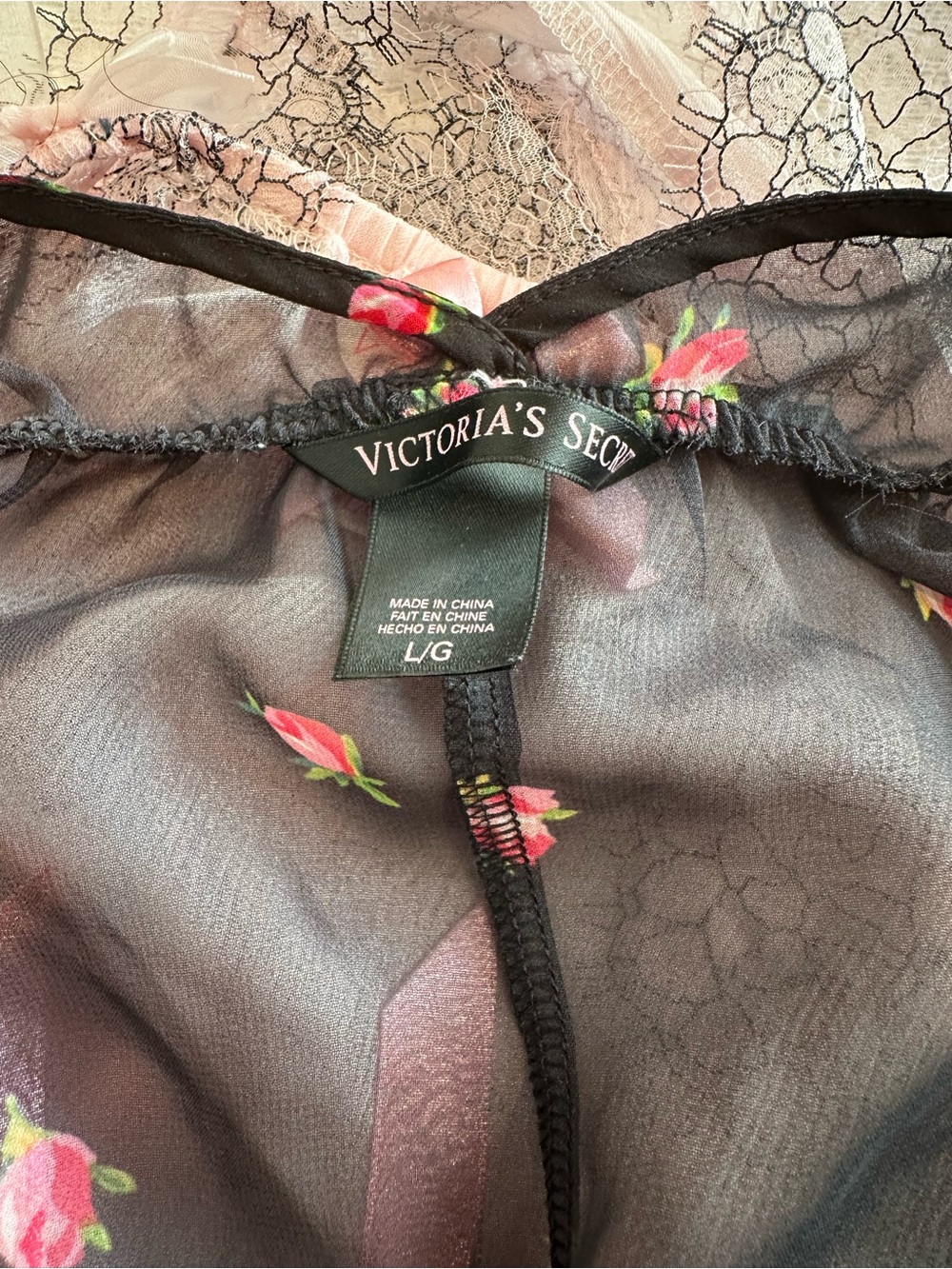 Victoria Secret Bundle of Sheer Pink Lace and Black Floral Romper Set nightie - Picture 6 of 13